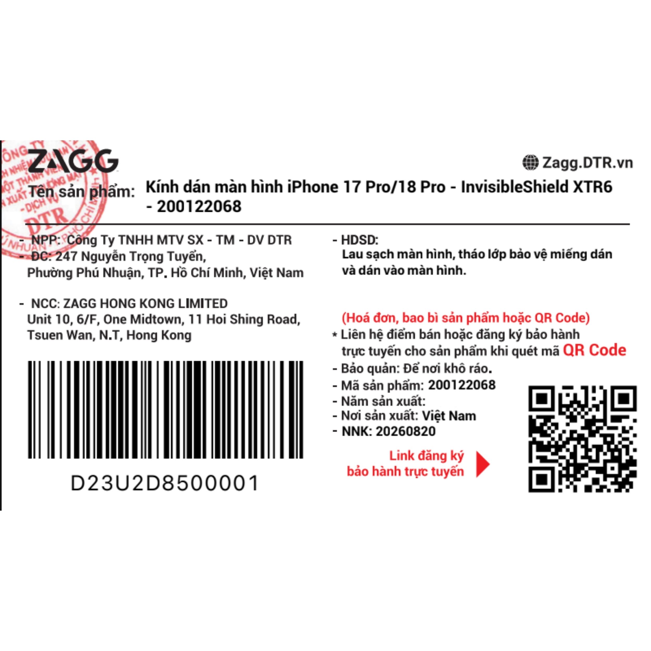 Miếng dán kính iPhone 18 Pro cường lực không viền ZAGG InvisibleShield XTR6 Màu Trắng