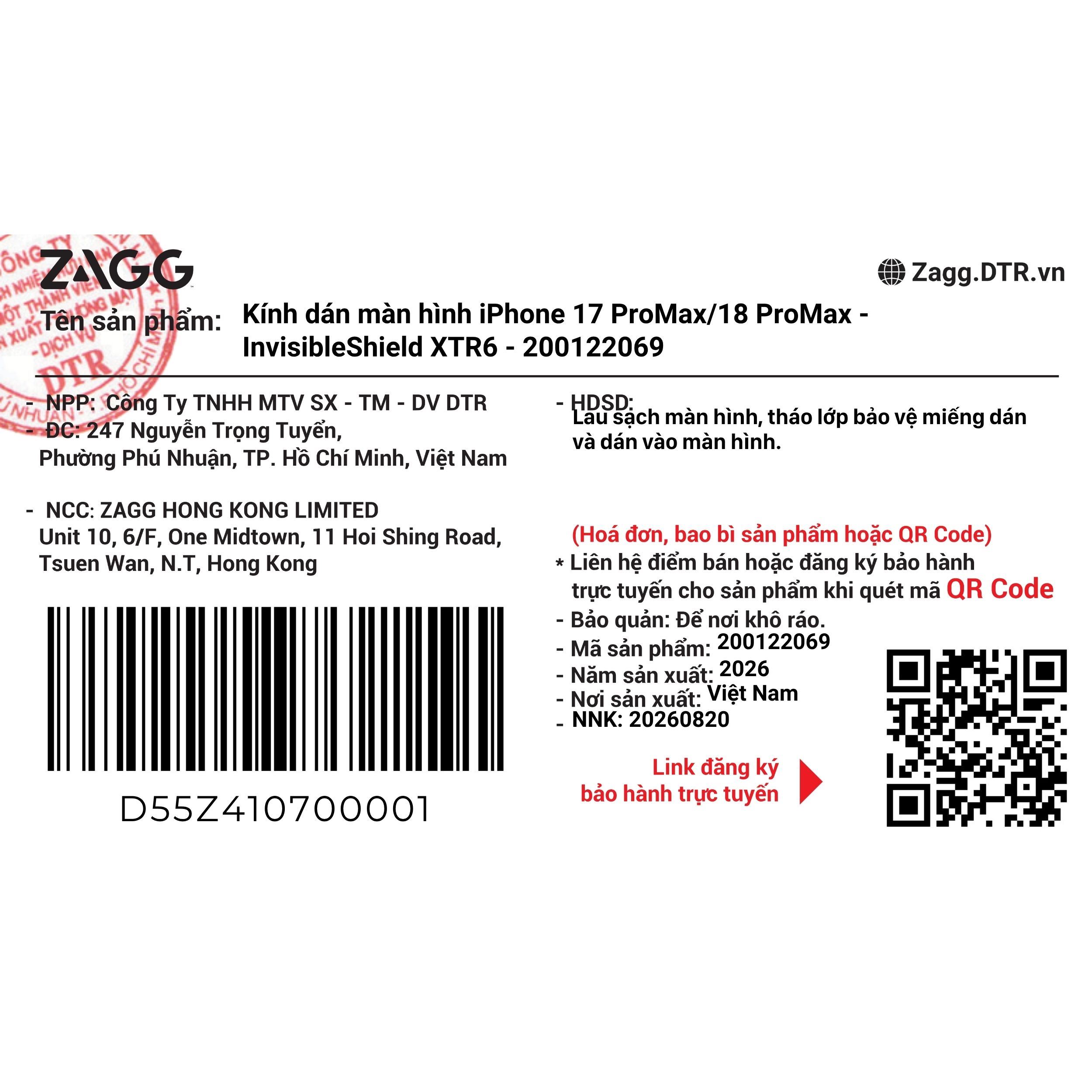 Miếng dán kính iPhone 18 Pro Max cường lực không viền ZAGG InvisibleShield XTR6 Màu Trắng