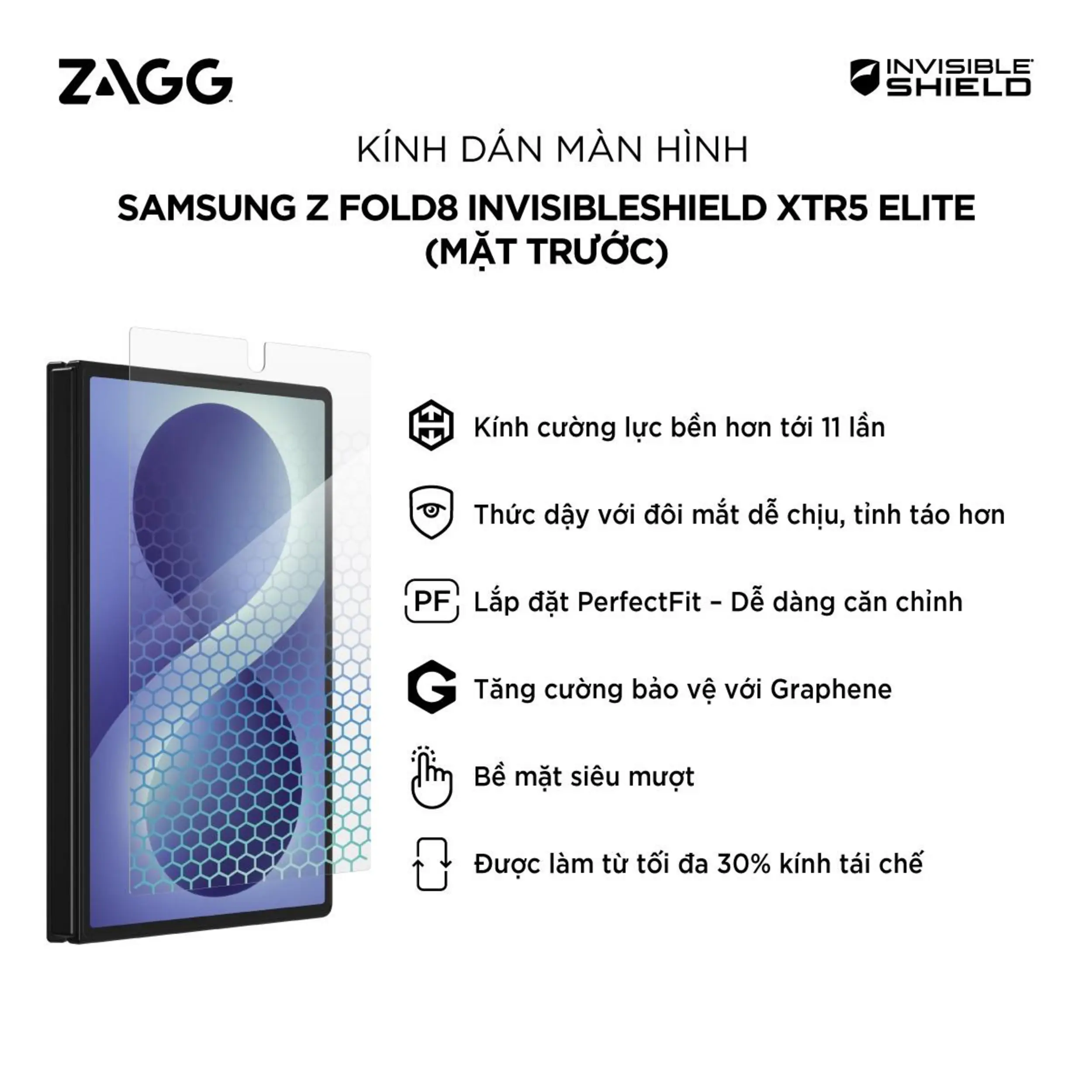 Miếng dán kính cường lực Galaxy Z Fold8 ZAGG InvisibleShield XTR5 Elite Màu Trắng