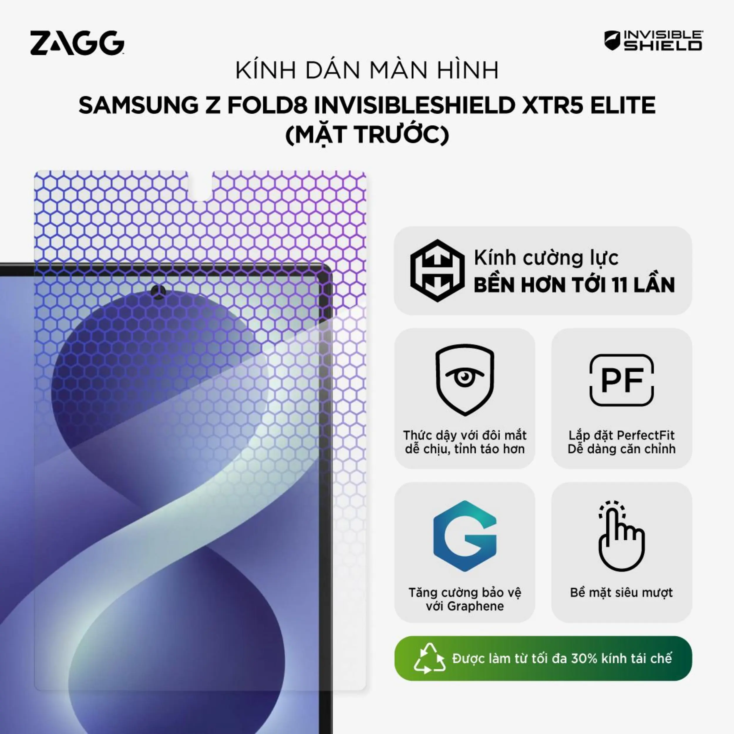 Miếng dán kính cường lực Galaxy Z Flip8 ZAGG InvisibleShield XTR5 Elite Màu Trắng