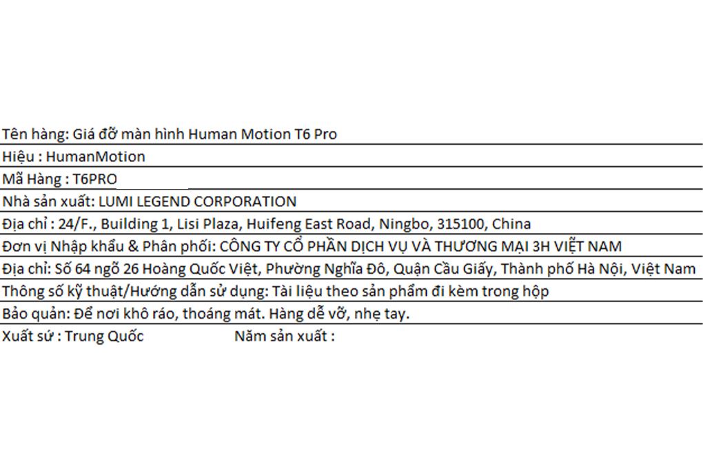 Giá treo màn hình Human Motion T6 Pro Màu Đen