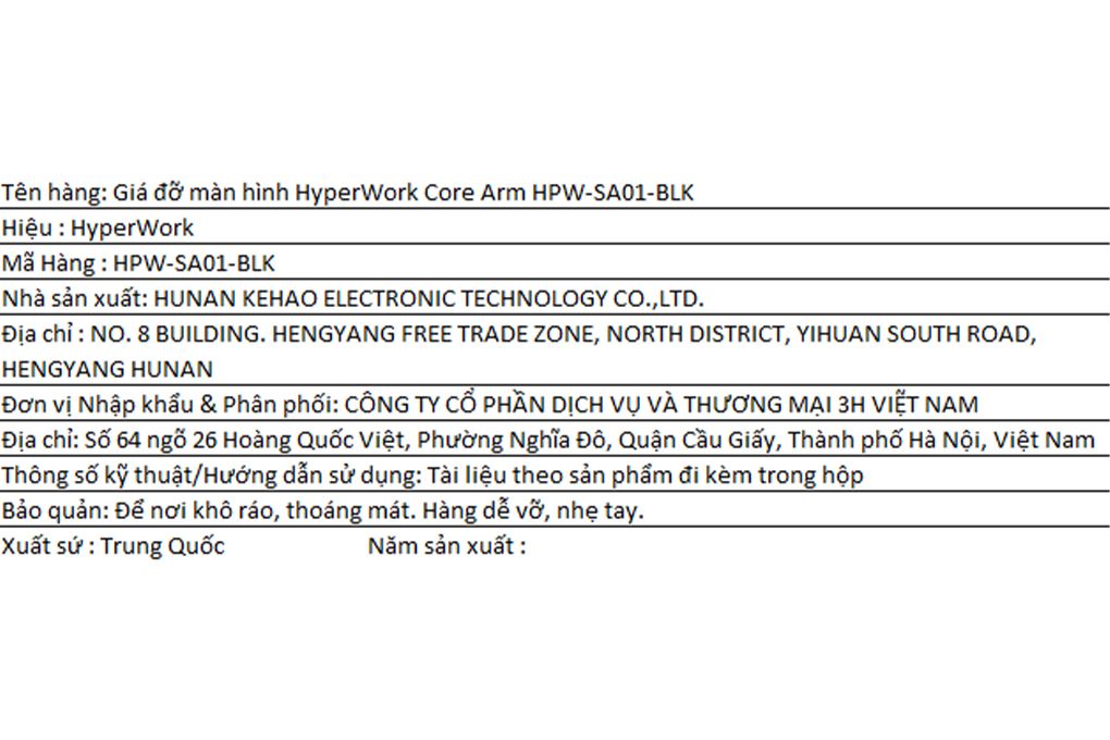 Giá treo màn hình HyperWork Core Arm HPW-SA01 Đen Màu Đen