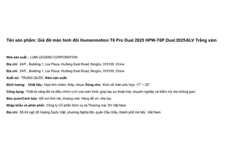 Giá treo màn hình Human Motion T6 Pro Dual 2025 HPW-T6P.Dual.2025 Màu Trắng - Xám