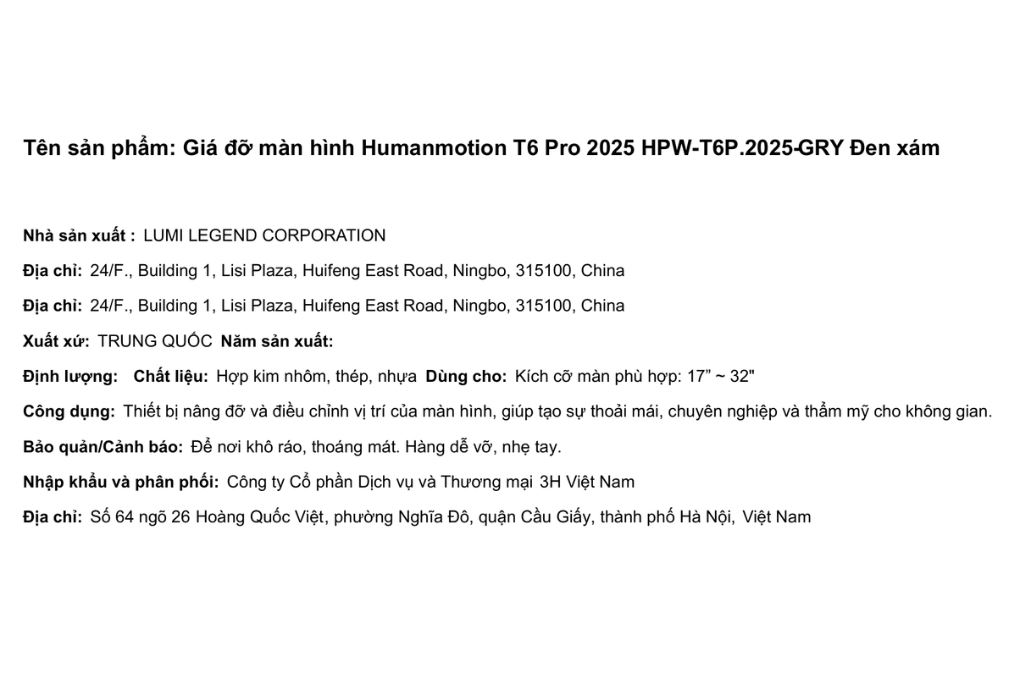 Giá treo màn hình Human Motion T6 Pro 2025 HPW-T6P.2025 Màu Đen - Xám