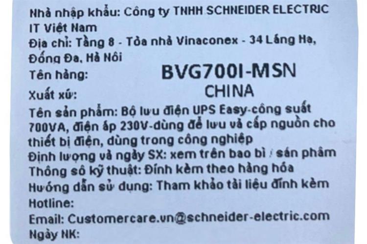 Bộ lưu điện UPS Schneider Electric Line interactive 700VA / 360W BVG700I-MSN Màu Đen