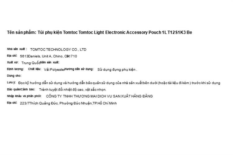 Túi phụ kiện Tomtoc Electronic Accessory Pouch 1L T12S1 Màu Màu be