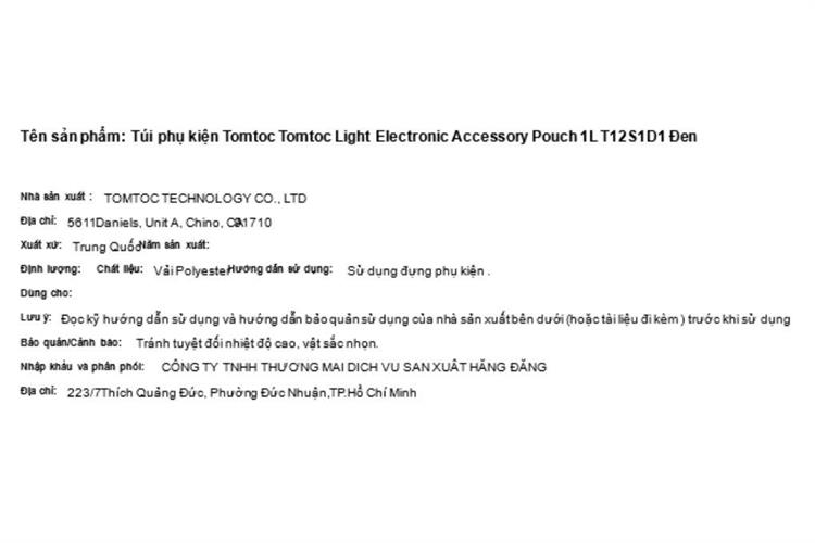 Túi phụ kiện Tomtoc Electronic Accessory Pouch 1L T12S1 Màu Đen