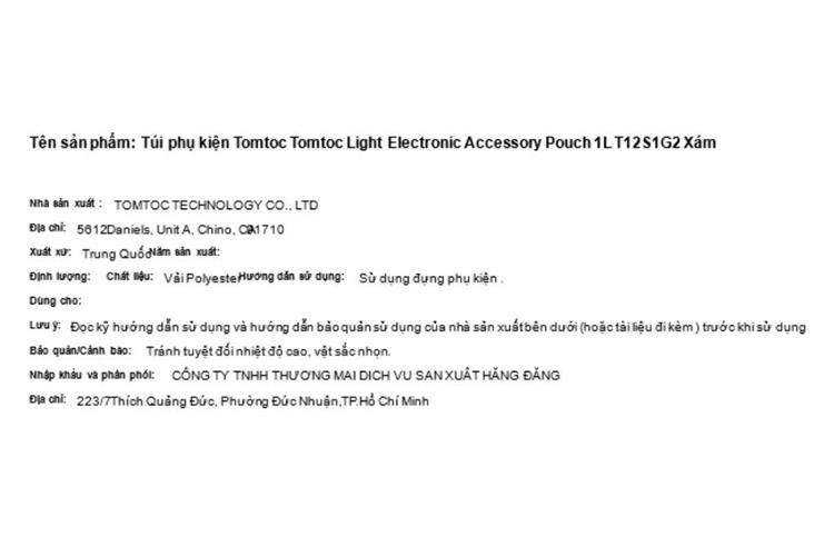 Túi phụ kiện Tomtoc Electronic Accessory Pouch 1L T12S1 Màu Xám