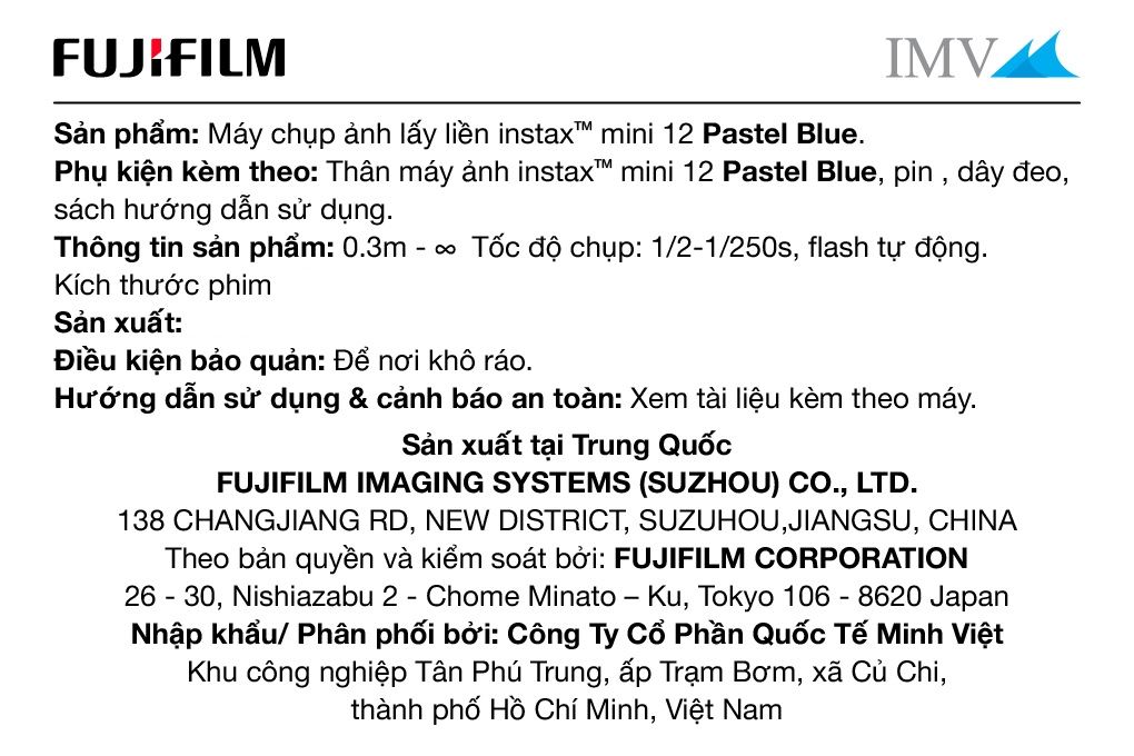 Máy chụp ảnh lấy liền Fujifilm Instax Mini 12 Xanh Pastel Màu Xanh nhạt