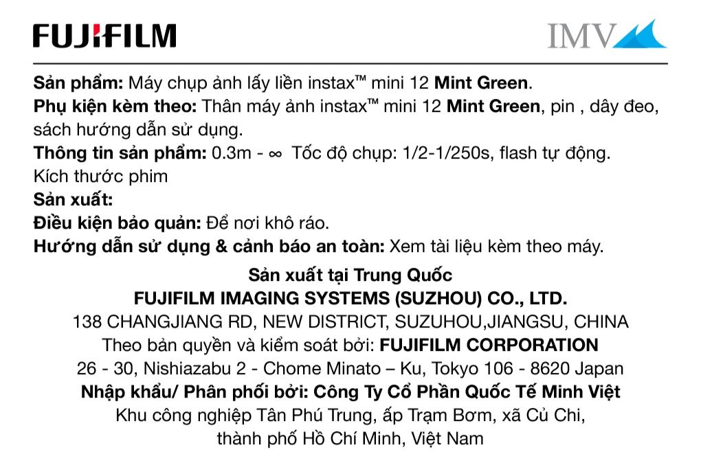 Máy chụp ảnh lấy liền Fujifilm Instax Mini 12 Xanh Mint Màu Xanh mint