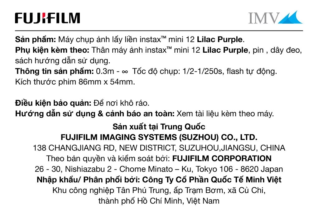 Máy chụp ảnh lấy liền Fujifilm Instax Mini 12 Tím Pastel Màu Tím nhạt