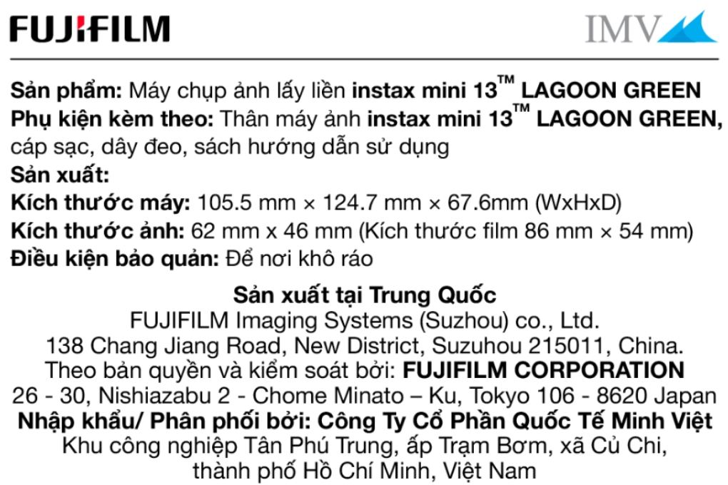 Máy chụp ảnh lấy liền Fujifilm Instax Mini 13 Xanh Mint Màu Xanh lá