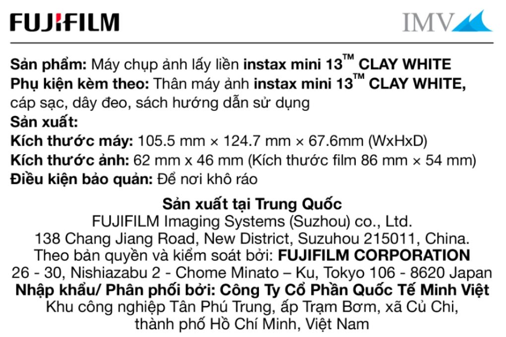 Máy chụp ảnh lấy liền Fujifilm Instax Mini 13 Trắng Màu Trắng