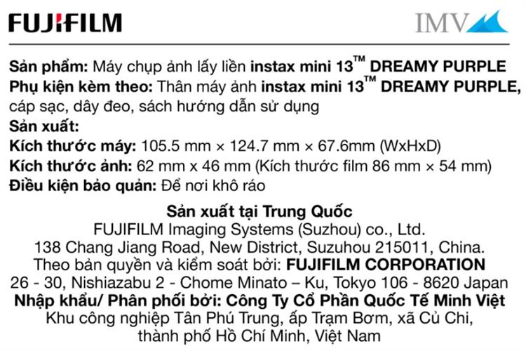 Máy chụp ảnh lấy liền Fujifilm Instax Mini 13 Tím Pastel Màu Tím