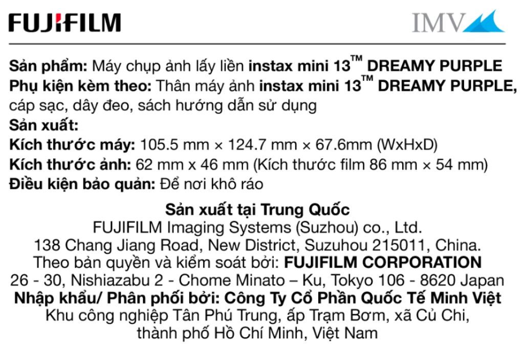Máy chụp ảnh lấy liền Fujifilm Instax Mini 13 Tím Pastel Màu Tím