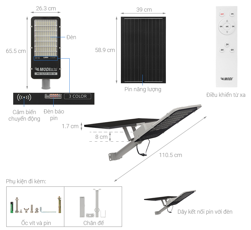 Đèn đường năng lượng mặt trời Modi nhôm MD-SLT31-600-W