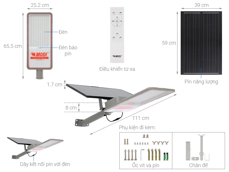 Đèn đường năng lượng mặt trời nhôm Modi MD-SLT30-600-W