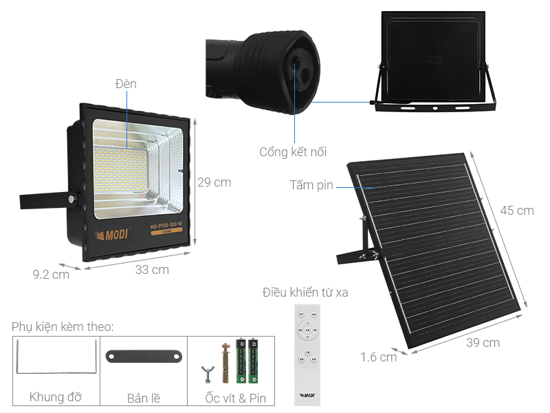 Đèn pha năng lượng mặt trời Modi MD-PT08-300-W