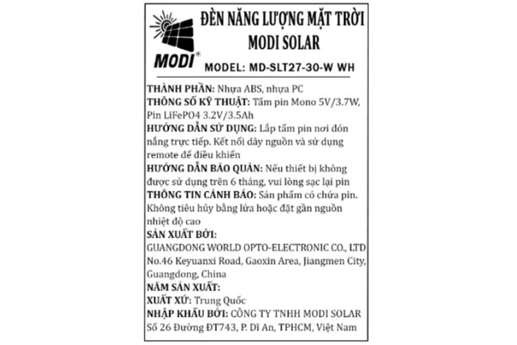 Đèn đường liền thể năng lượng mặt trời Modi MD-SLT27-30-WH Màu Đen