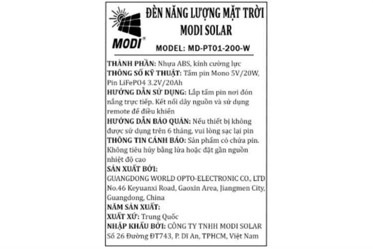 Đèn pha năng lượng mặt trời Modi MD-PT01-200-W Màu Đen