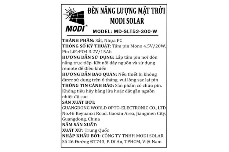 Đèn đường liền thể năng lượng mặt trời Modi MD-SLT52-300-W Màu Xám