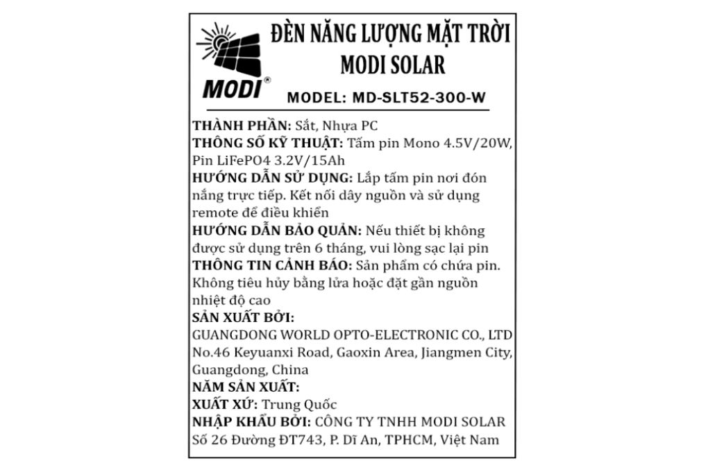 Đèn đường liền thể năng lượng mặt trời Modi MD-SLT52-300-W Màu Xám