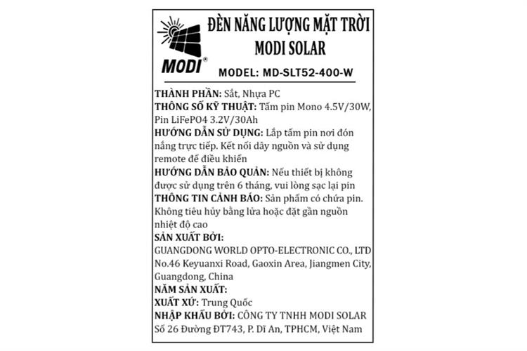 Đèn đường liền thể năng lượng mặt trời Modi MD-SLT52-400-W Màu Xám