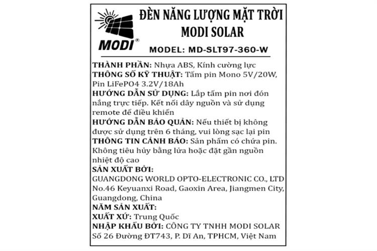 Đèn đường liền thể năng lượng mặt trời Modi MD-SLT97-360-W Màu Xám