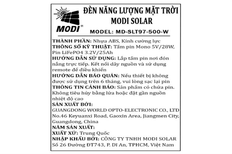 Đèn đường liền thể năng lượng mặt trời Modi MD-SLT97-500-W Màu Xám
