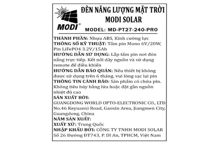 Đèn pha năng lượng mặt trời Modi MD-PT27-240-PRO Màu Xám