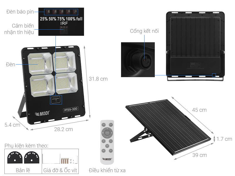 Đèn pha năng lượng mặt trời Modi MD-PT59-300-W