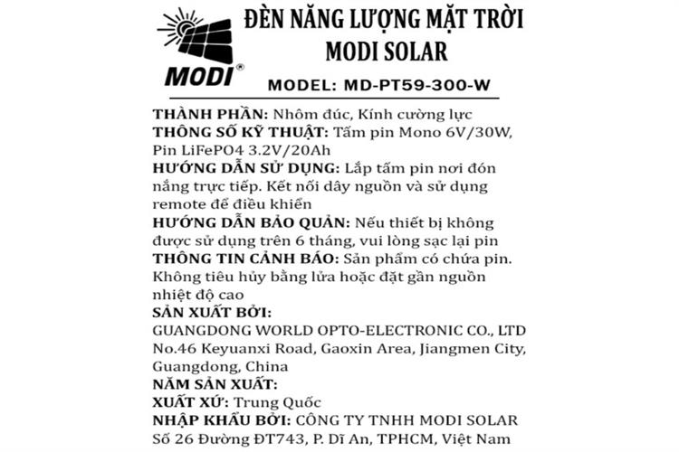 Đèn pha năng lượng mặt trời Modi MD-PT59-300-W Màu Đen