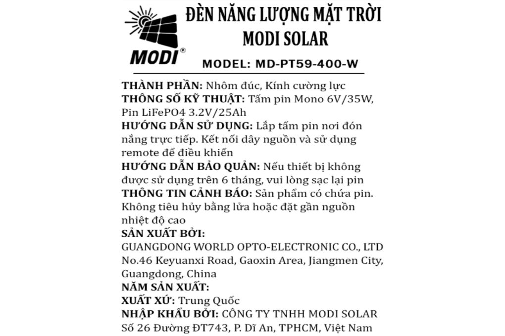 Đèn pha năng lượng mặt trời Modi MD-PT59-400-W Màu Đen