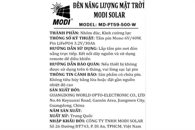 Đèn pha năng lượng mặt trời Modi MD-PT59-500-W Màu Đen