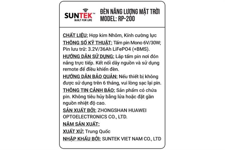 Đèn pha năng lượng mặt trời nhôm SUNTEK RP-200 16.96W Màu Đen