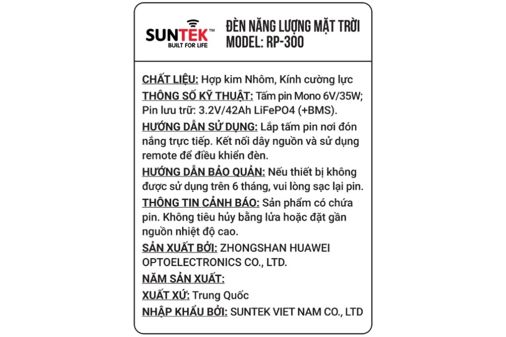 Đèn pha năng lượng mặt trời nhôm SUNTEK RP-300 Màu Đen