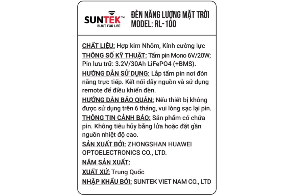 Đèn pha năng lượng mặt trời nhôm SUNTEK RL-100 - 10