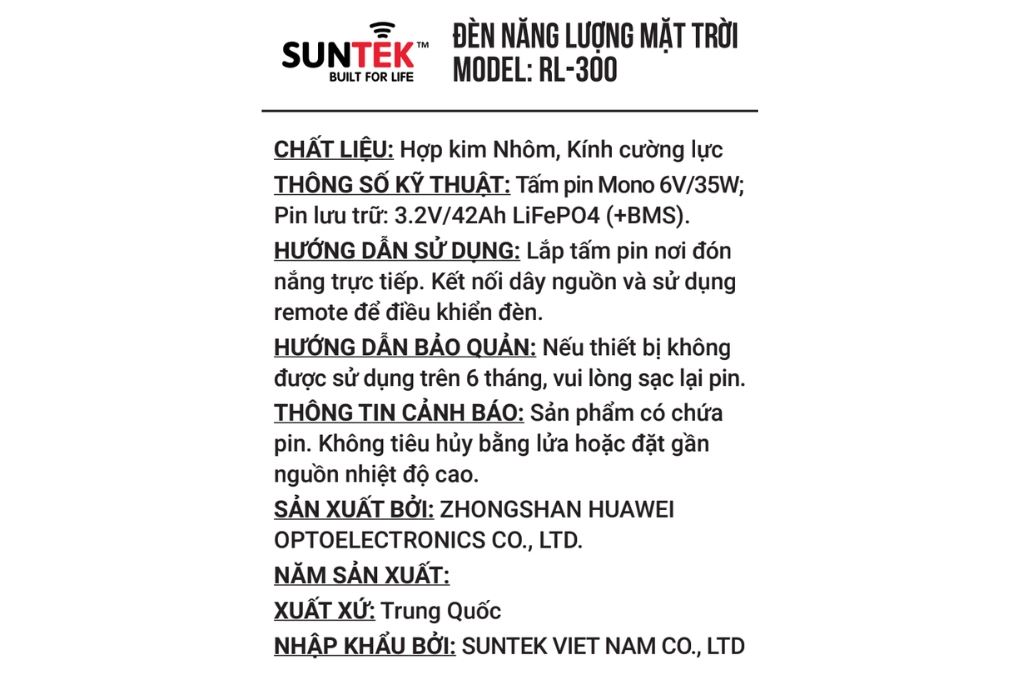 Đèn pha năng lượng mặt trời nhôm SUNTEK RL-300 Màu Đen
