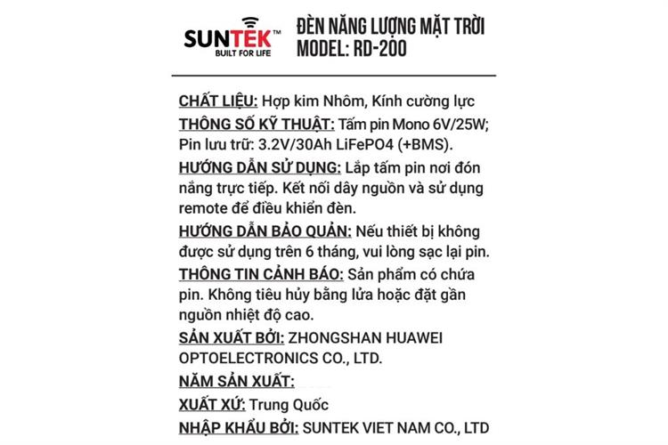 Đèn đường năng lượng mặt trời nhôm SUNTEK RD-200 16W Màu Đen