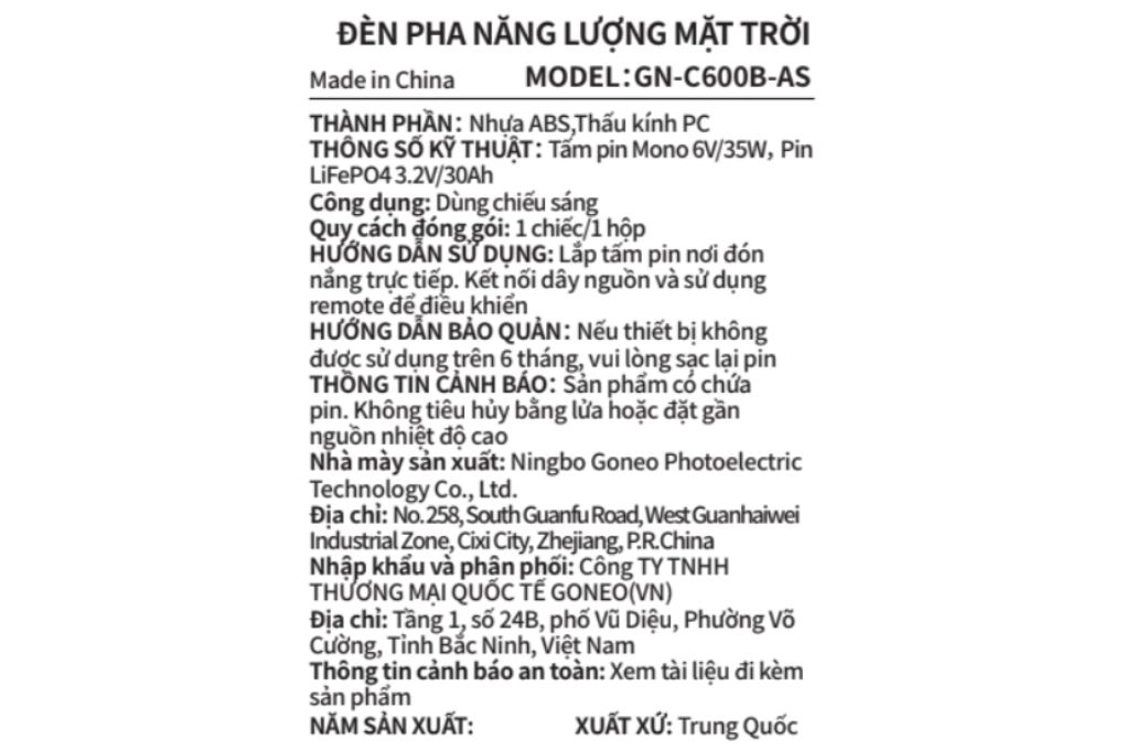 Đèn pha năng lượng mặt trời Goneo GN-C600B-AS Màu Đen