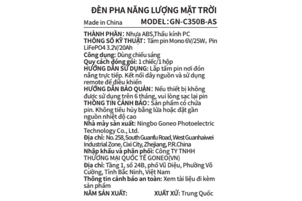Đèn pha năng lượng mặt trời Goneo GN-C350B-AS Màu Đen