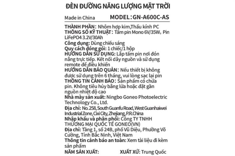 Đèn đường năng lượng mặt trời nhôm Goneo GN-A600C-AS 21W Màu Đen