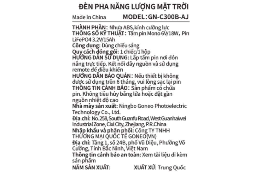 Đèn pha năng lượng mặt trời Goneo GN-C300B-AJ Màu Đen