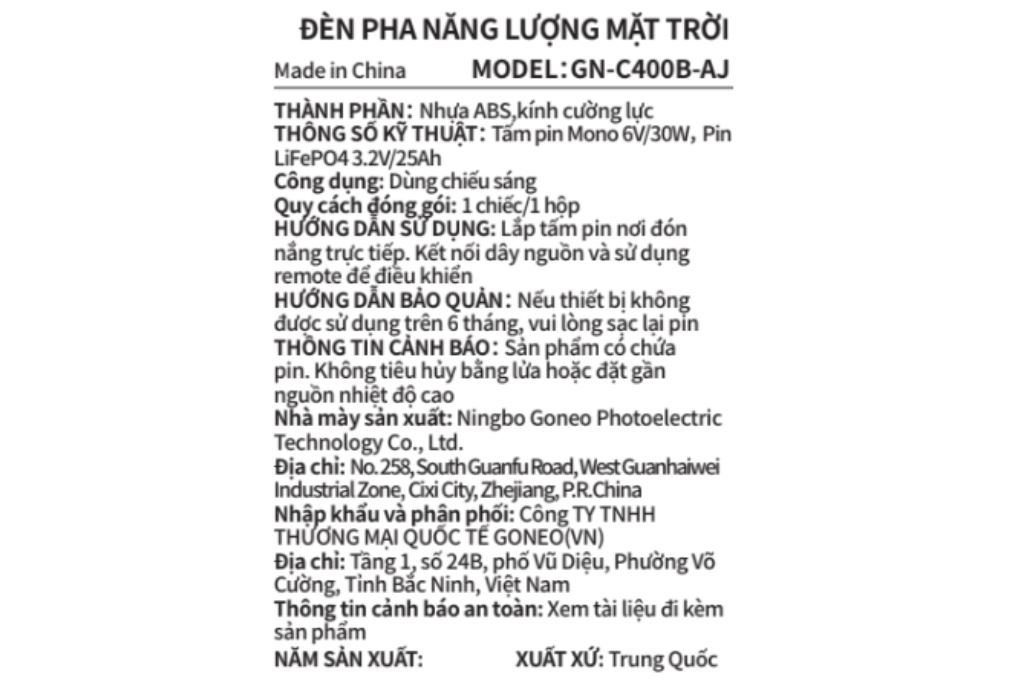 Đèn pha năng lượng mặt trời Goneo GN-C400B-AJ Màu Đen
