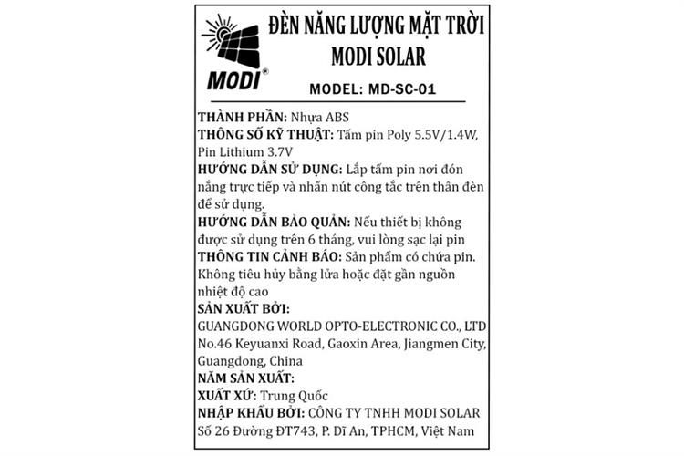 Đèn kẹp năng lượng mặt trời cảm ứng Modi MD-SC-01 Màu Đen