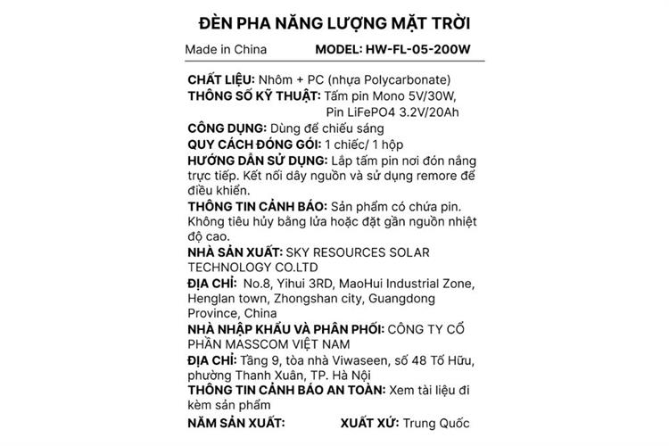 Đèn pha năng lượng mặt trời nhôm Hotwell HW-FL-05-200W Màu Đen