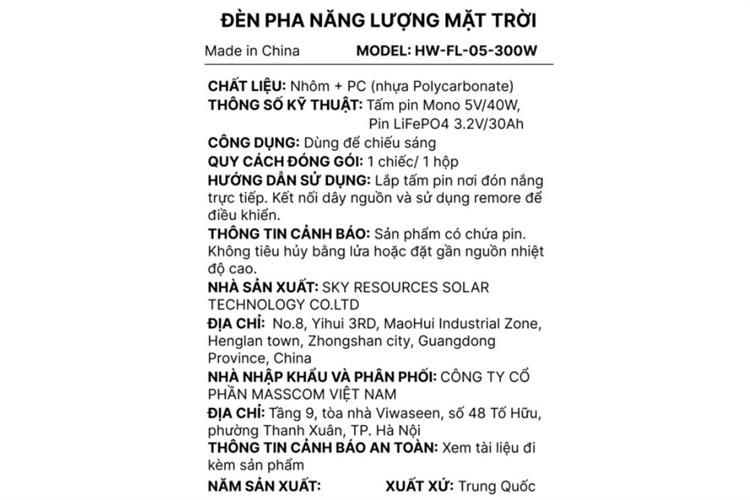 Đèn pha năng lượng mặt trời nhôm Hotwell HW-FL-05-300W Màu Đen