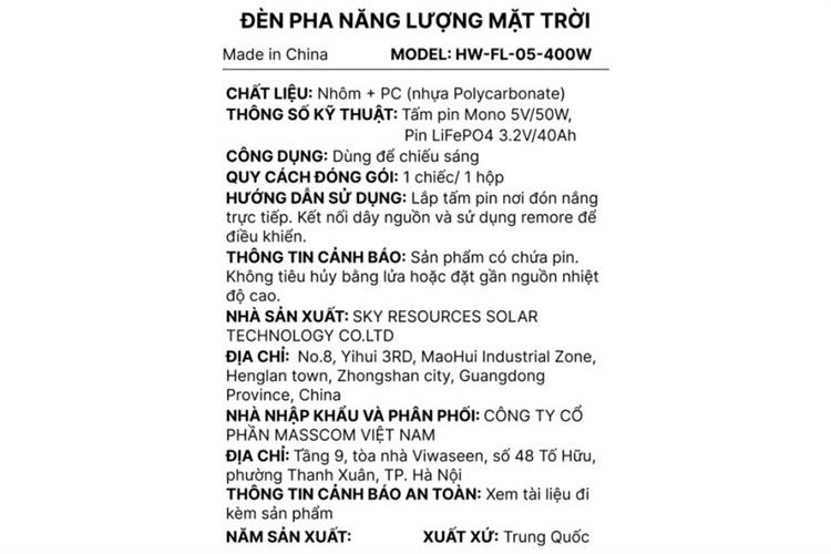 Đèn pha năng lượng mặt trời nhôm Hotwell HW-FL-05-400W Màu Đen