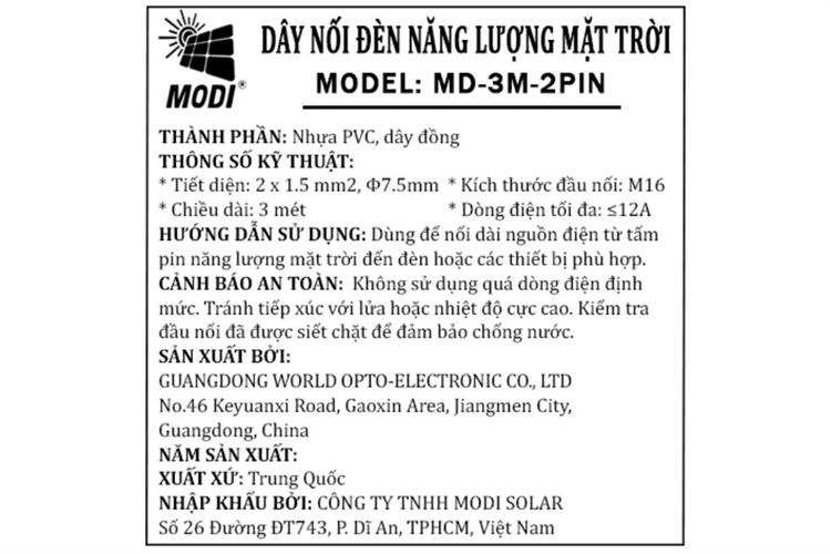 Dây nối đèn năng lượng mặt trời 3M Modi 3M-2PIN Màu Đen