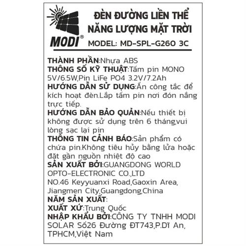 Đèn trụ cổng năng lượng mặt trời Modi MD-SPL-G260 3C Màu Trắng